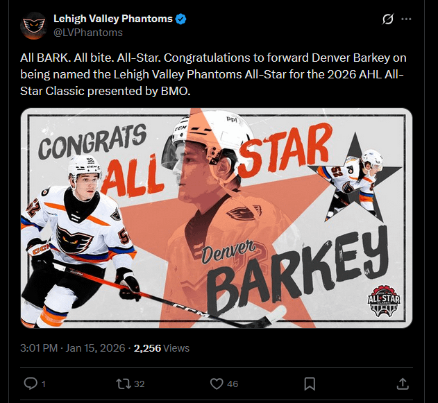 [Lehigh Valley Phantoms] All BARK. All bite. All-Star. Congratulations to forward Denver Barkey on being named the Lehigh Valley Phantoms All-Star for the 2026 AHL All-Star Classic presented by BMO.