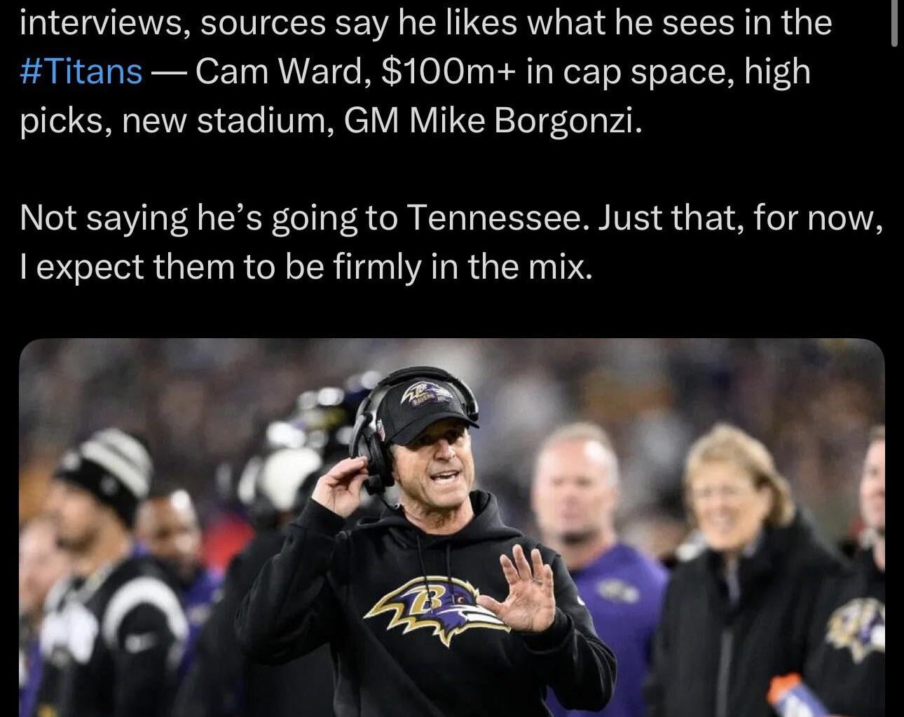 John Harbaugh is reportedly interested in the Titans and what they bring to the table.
