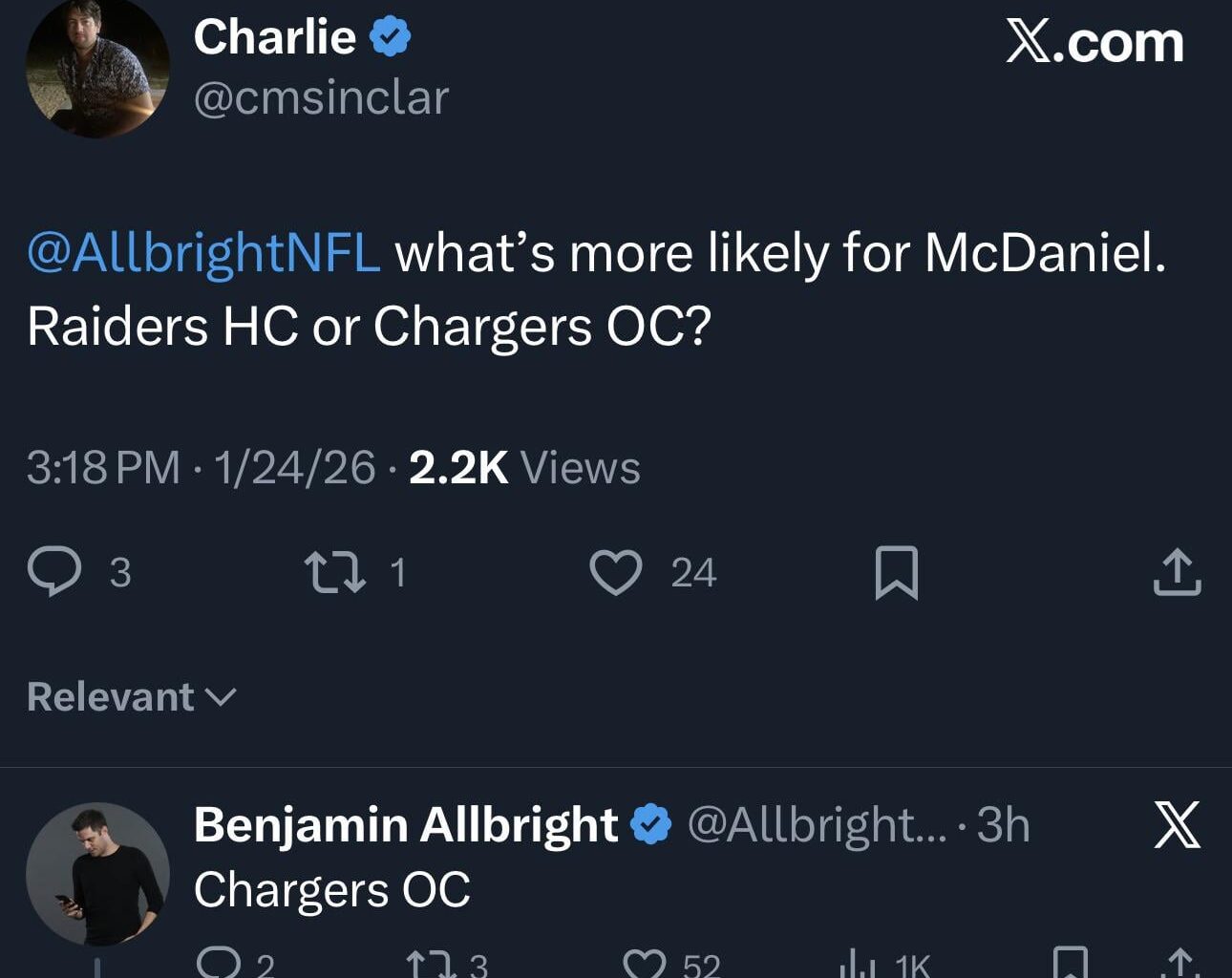 Benjamin Allbright says McDaniel is more likely to be the Chargers OC than Raiders HC