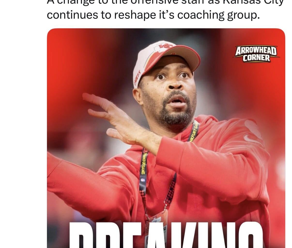 [Arrowhead Corner] Sources: The #Chiefs are parting ways with RBs coach Todd Pinkston, per me and @ChiefsTalk_. A change to the offensive staff as Kansas City continues to reshape it’s coaching group.