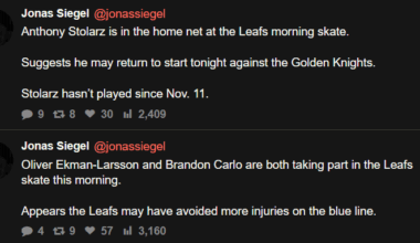 [Siegel] Stolarz is in the home net at the Leafs morning skate. Suggests he may return to start tonight. Oliver Ekman-Larsson and Brandon Carlo are both taking part in the Leafs skate this morning. Appears the Leafs may have avoided more injuries on the blue line.