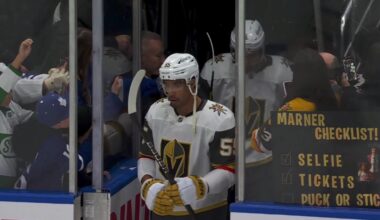 Prior to warmups tonight, Keegan Kolesar yanked a jersey out of a Leafs fan's hands at the visitor's tunnel that read "sellout" referring to Mitch Marner