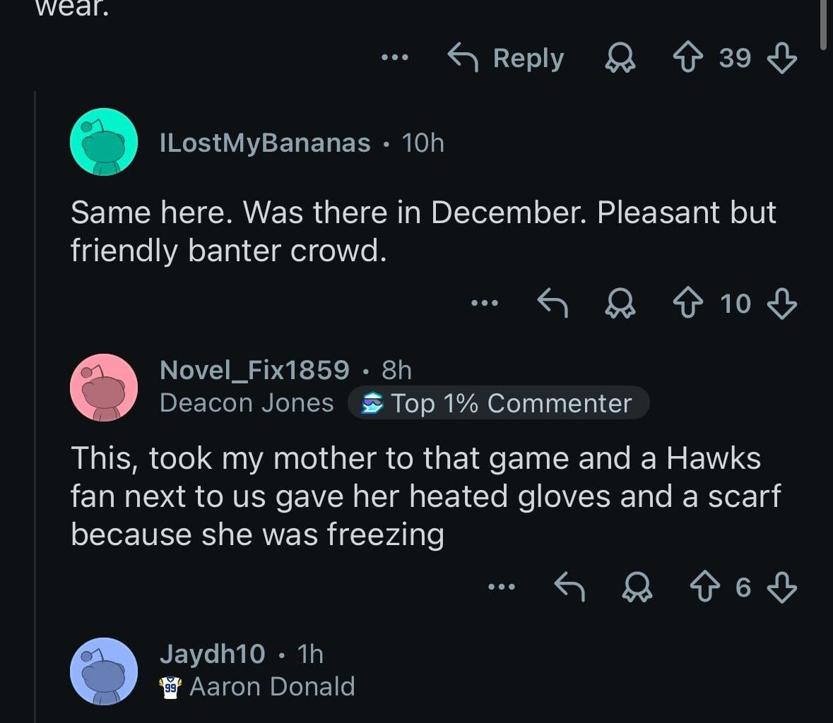 I was browsing the Rams sub and I saw this particular comment exchange about hawks fans: