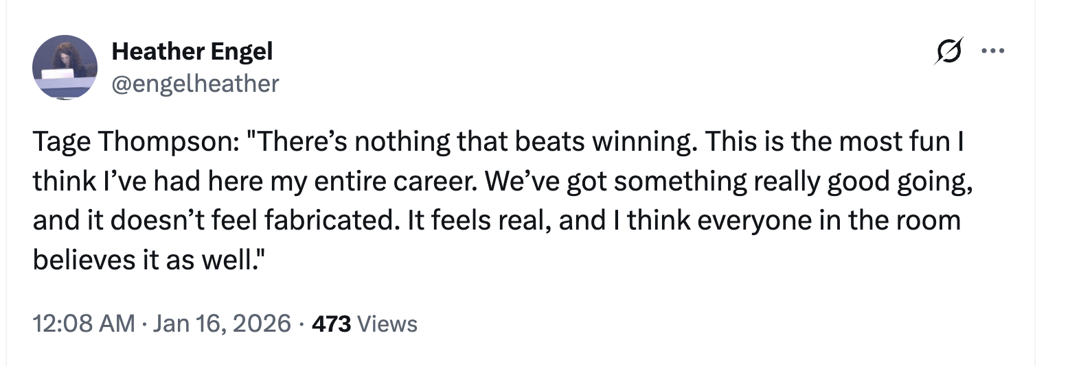 [Heather Engel] Tage Thompson: "There’s nothing that beats winning. This is the most fun I think I’ve had here my entire career. We’ve got something really good going, and it doesn’t feel fabricated. It feels real, and I think everyone in the room believes it as well."