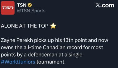 Zayne Parekh owns the all-time Canadian record for most points by a defenceman at a single WJ tournament.