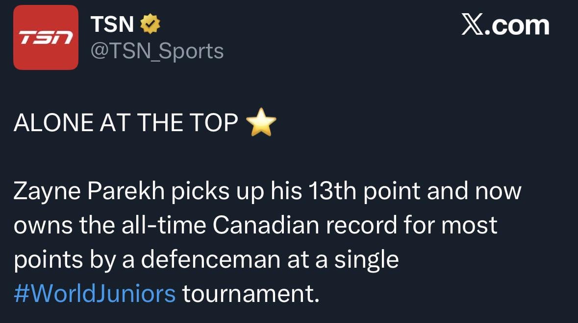 Zayne Parekh owns the all-time Canadian record for most points by a defenceman at a single WJ tournament.