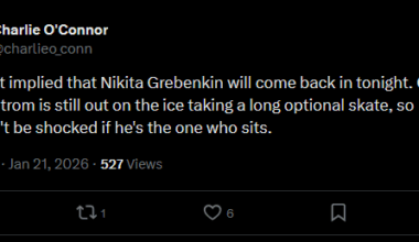 [O'Connor] Tocchet implied that Nikita Grebenkin will come back in tonight. Carl Grundstrom is still out on the ice taking a long optional skate, so wouldn't be shocked if he's the one who sits.