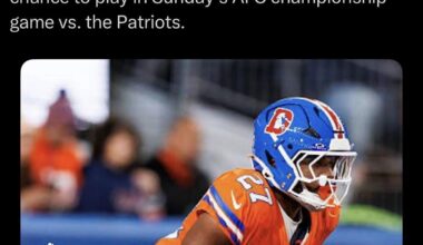 [Schefter] Sources: Broncos are opening the practice window for RB J.K. Dobbins, who suffered what was thought to be a season-ending foot injury in Week 10 against the Raiders. Dobbins has a chance to play in Sunday’s AFC championship game vs. the Patriots.