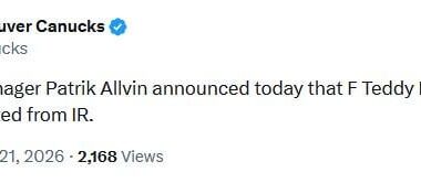 General Manager Patrik Allvin announced today that F Teddy Blueger has been activated from IR. @canucks [X/Twitter]