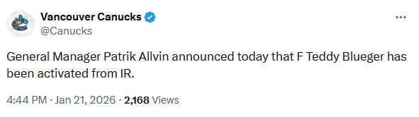 General Manager Patrik Allvin announced today that F Teddy Blueger has been activated from IR. @canucks [X/Twitter]