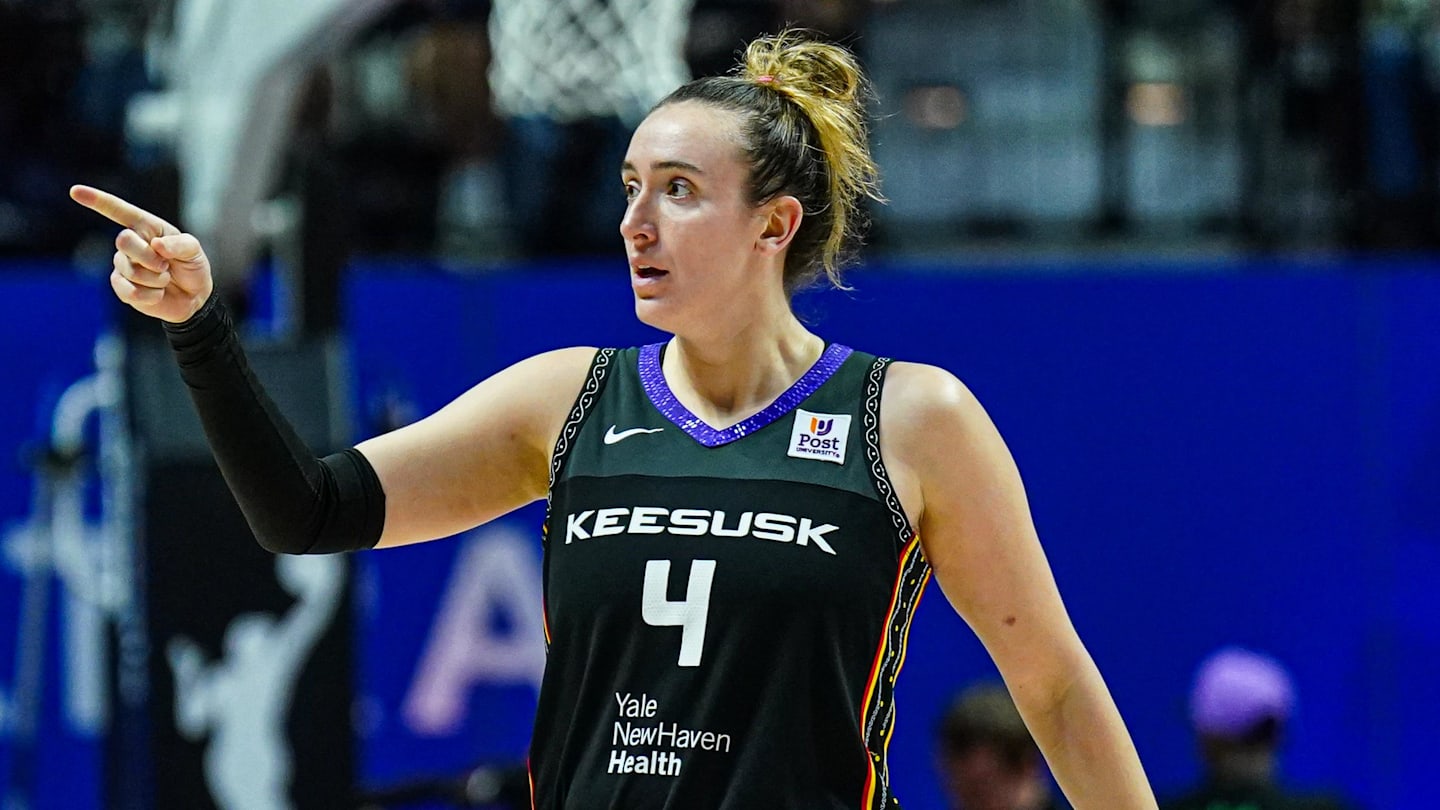 Oct 6, 2024; Uncasville, Connecticut, USA; Connecticut Sun guard Marina Mabrey (4) reacts after her basket against the Minnesota Lynx in the second half during game four of the 2024 WNBA Semi-finals at Mohegan Sun Arena. Mandatory Credit: David Butler II-Imagn Images