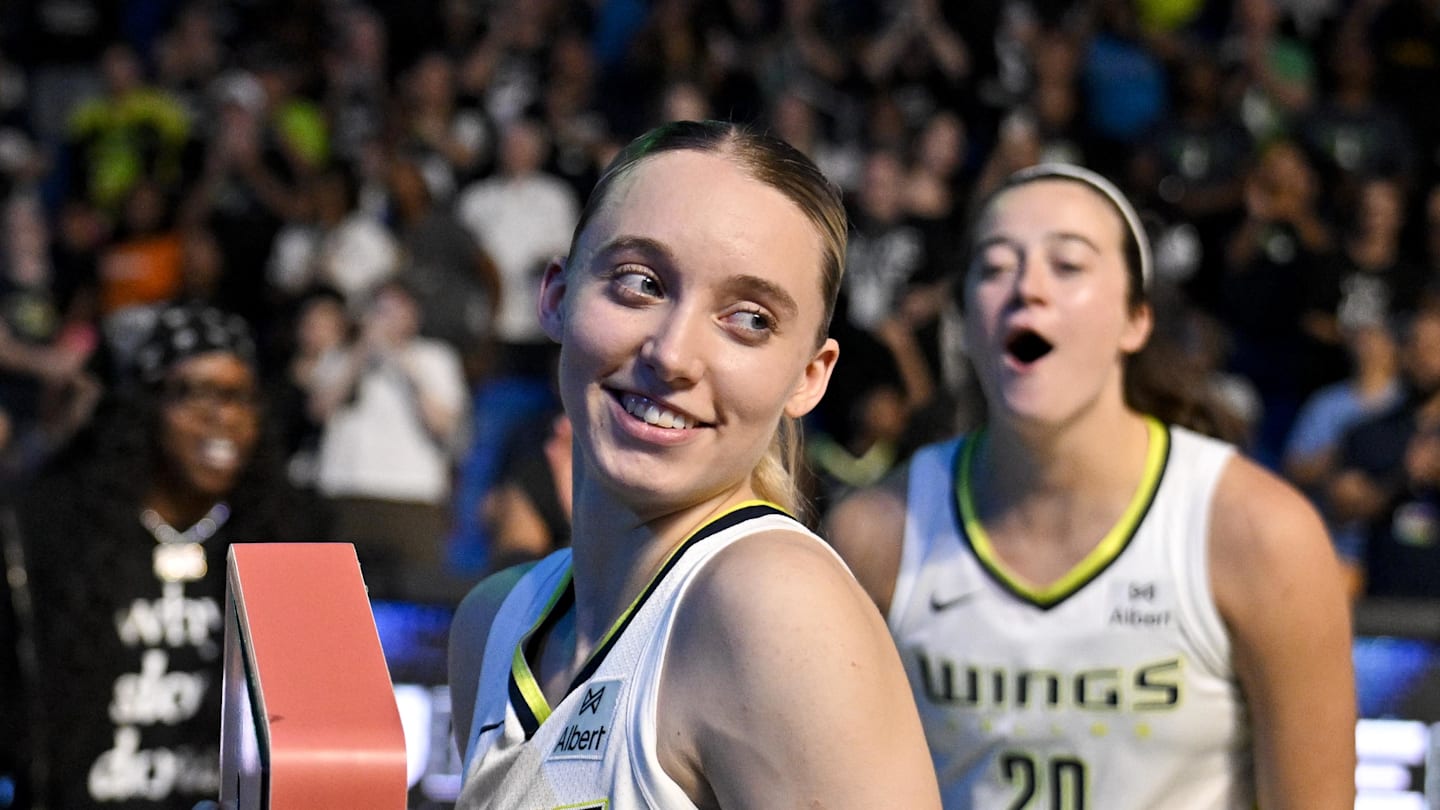 Sep 11, 2025; Arlington, Texas, USA; Dallas Wings guard Paige Bueckers (5) smiles after the game against the Phoenix Mercury at College Park Center. Mandatory Credit: Jerome Miron-Imagn Images
