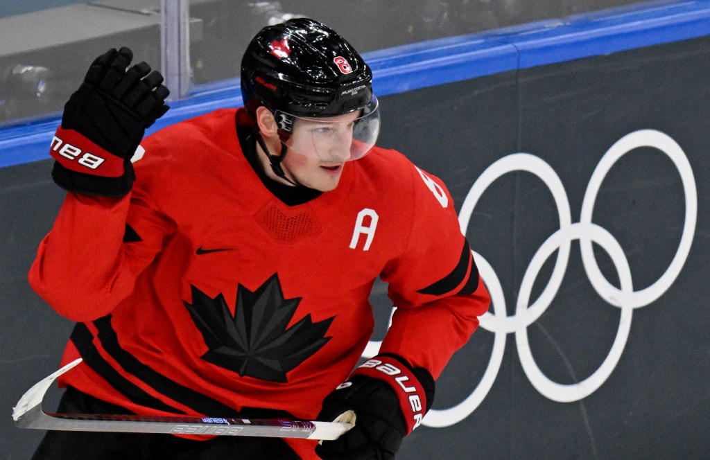Canada's Cale Makar reacts during an Ice Hockey match at the Milano Cortina 2026 Winter Olympic Games.