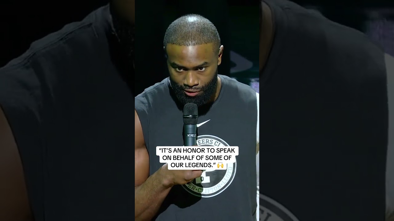 Jaylen Brown,addresses the crowd ahead of the inaugural NBA Pioneers Classic on ESPN 🙌