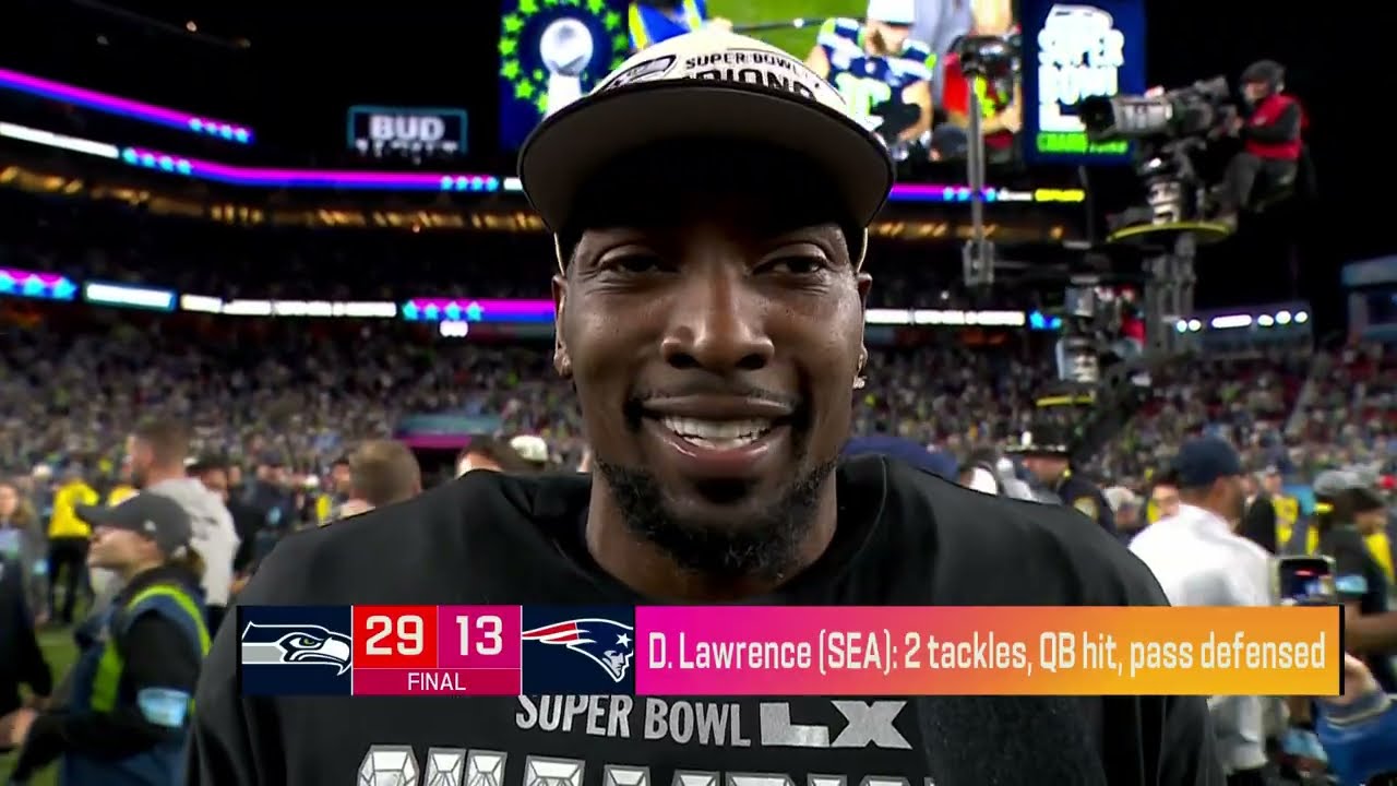 Demarcus Lawrence reacts after winning Super Bowl LX