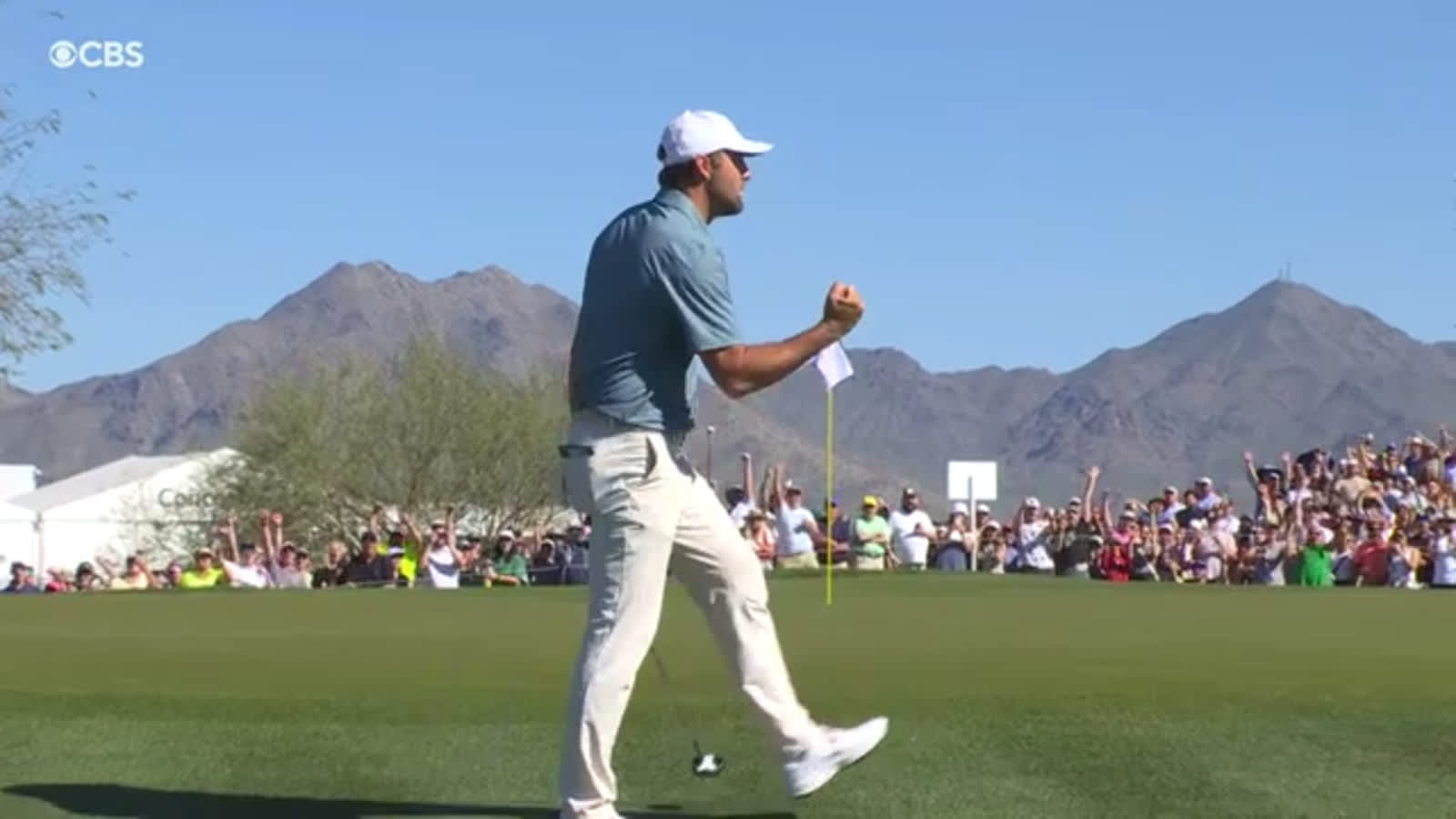 Scottie Scheffler holes out from 72 feet for birdie on No. 14 at WM Phoenix Open