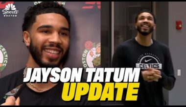 Jayson Tatum speaks with media following first 5-on-5 practice