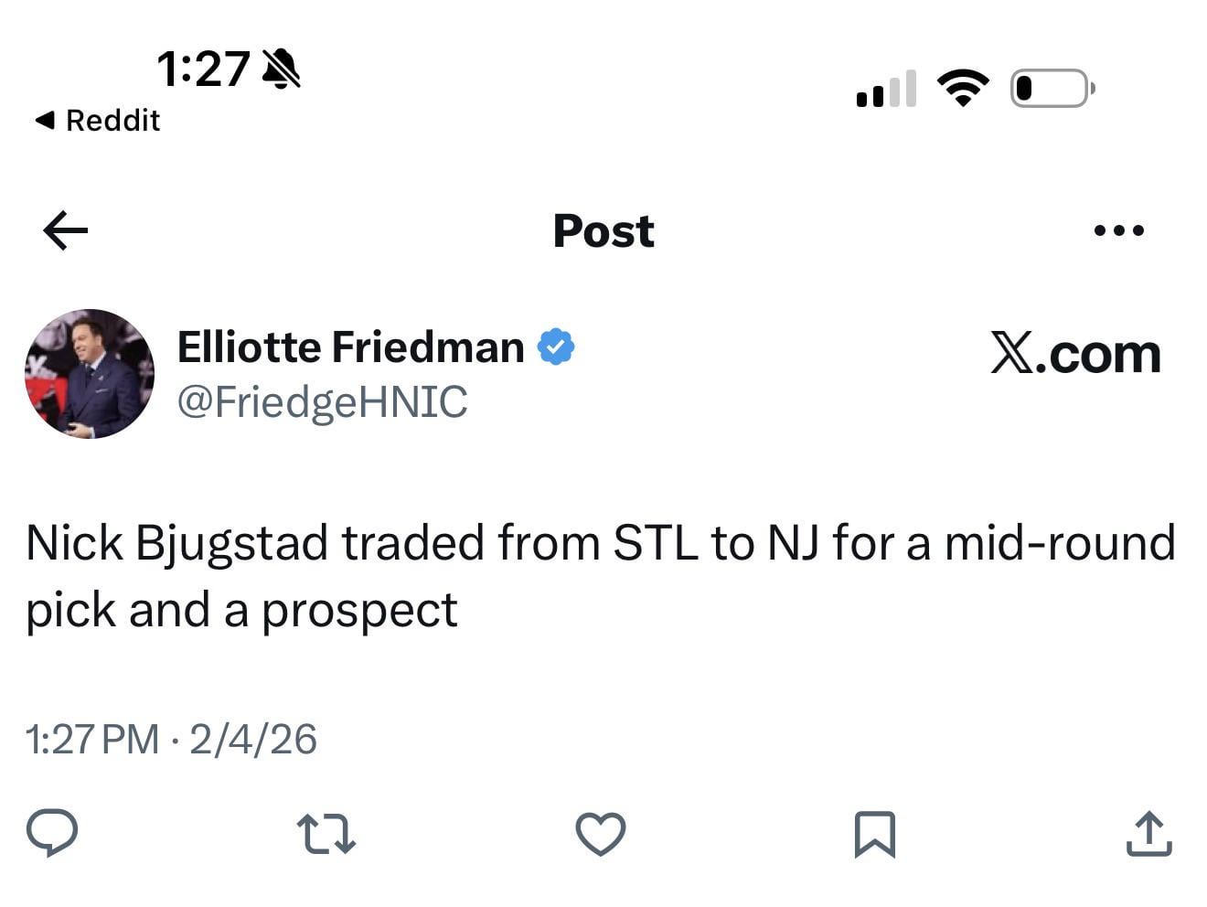 [Friedman] Nick Bjugstad traded from STL to NJ for a mid-round pick and a prospect