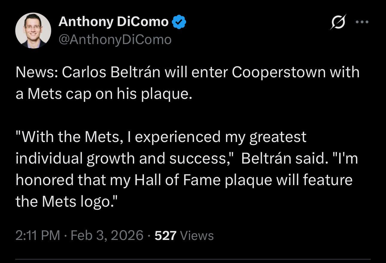[DiComo] Carlos Beltrán will enter Cooperstown with a Mets cap on his plaque