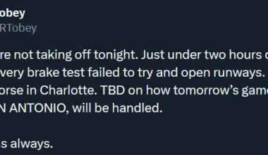[Tobey] "Update: we are not taking off tonight. Just under two hours on the tarmac and every brake test failed to try and open runways. The weather has gotten worse in Charlotte. TBD on how tomorrow’s game against the Magic, IN SAN ANTONIO, will be handled. Safety first, as always."