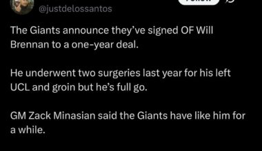 [delos Santos] The Giants announce they’ve signed OF Will Brennan to a one-year deal. He underwent two surgeries last year for his left UCL and groin but he’s full go. GM Zack Minasian said the Giants have like him for a while.