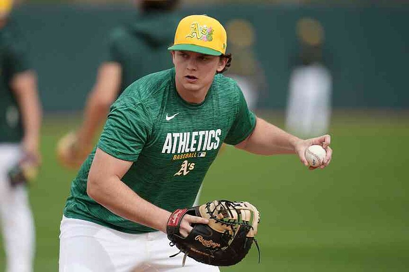 Athletics' Nick Kurtz works out during spring training baseball Monday, Feb. 16, 2026, in Mesa, Ariz. (AP Photo/Ross D. Franklin)