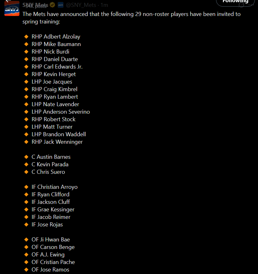[SNY] "The Mets have announced that the following 29 non-roster players have been invited to spring training"