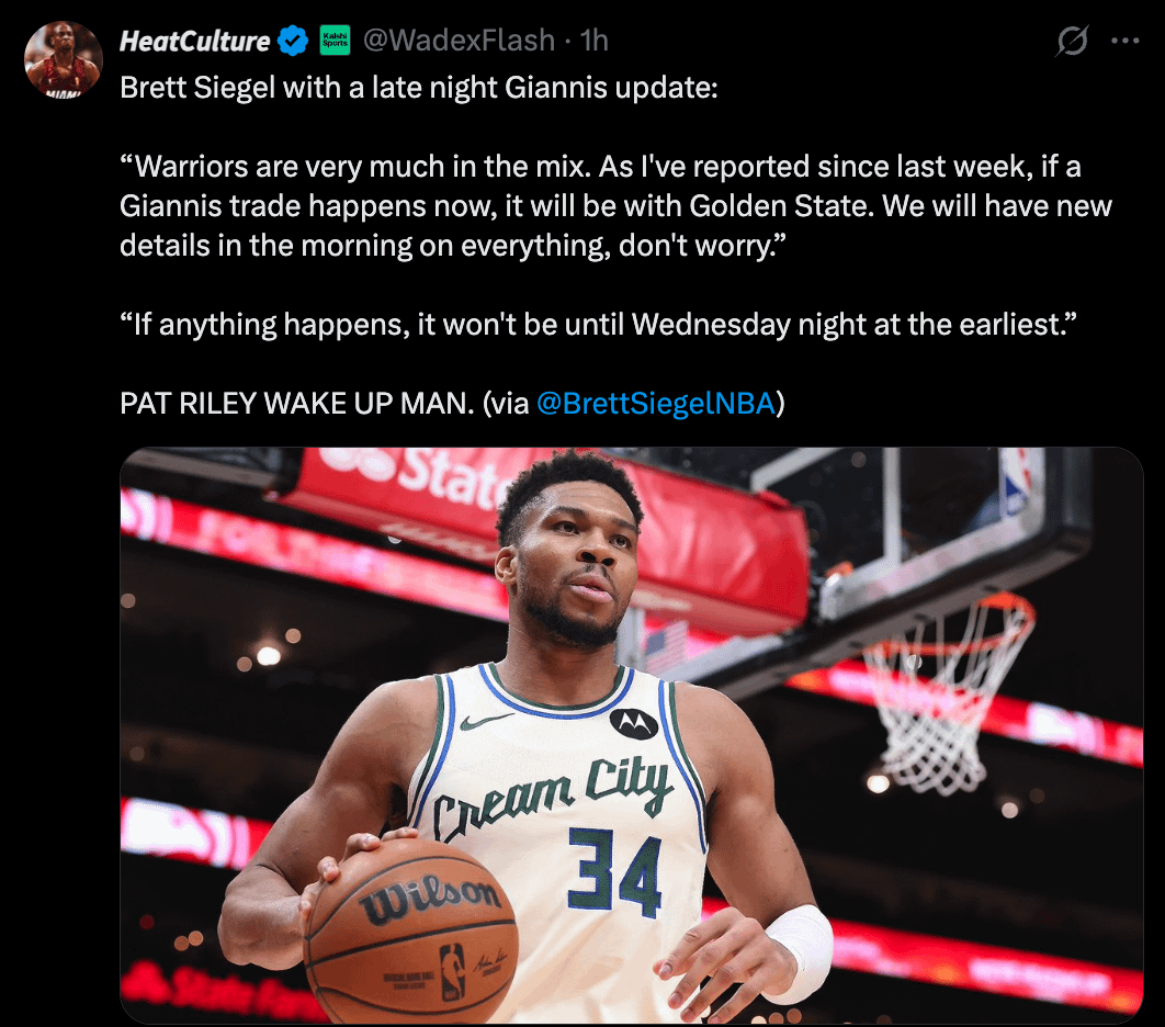 Brett Siegel with a late night Giannis update:

“Warriors are very much in the mix. As I've reported since last week, if a Giannis trade happens now, it will be with Golden State. We will have new details in the morning on everything, don't worry.”