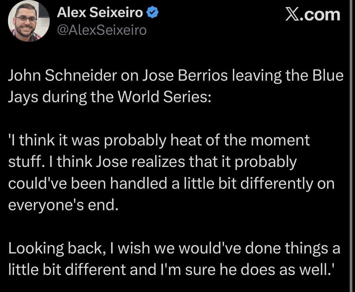 [Seixeiro] Schneider on Berrios leaving during the World Series: 'I think it was probably heat of the moment stuff. I think Jose realizes that it probably could've been handled a little bit differently on everyone's end.’