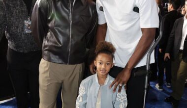 Steph and Jimmy with his daughter Rylee at the GOAT movie Premiere 🥹