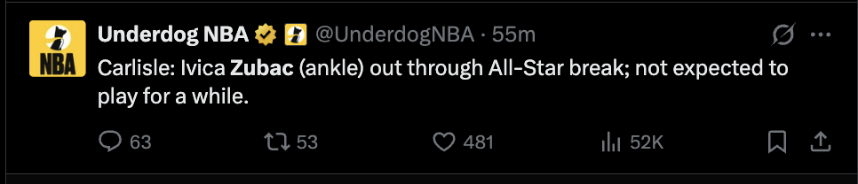 Carlisle: Ivica Zubac (ankle) out through All-Star break; not expected to play for a while.