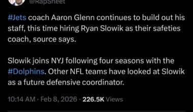 [Rapoport] The Jets are hiring Ryan Slowik as their safeties coach, source says.