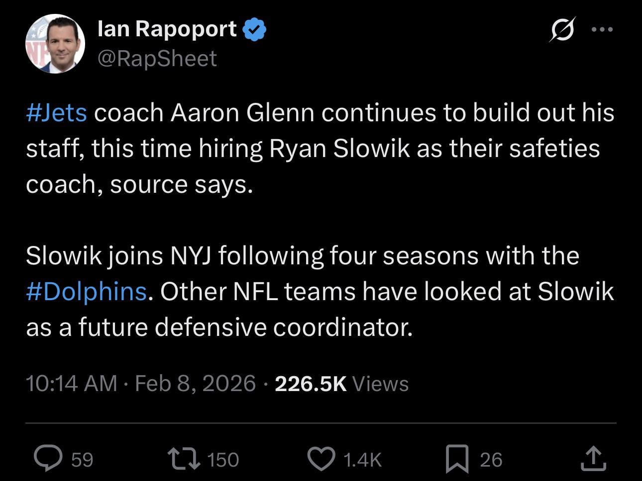 [Rapoport] The Jets are hiring Ryan Slowik as their safeties coach, source says.