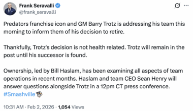 [Seravalli] Predators franchise icon and GM Barry Trotz is addressing his team this morning to inform them of his decision to retire.

Thankfully, Trotz's decision is not health related. Trotz will remain in the post until his successor is found.