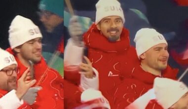 Nico Hischier, Jonas Siegenthaler & Timo Meier at the 2026 Olympic opening ceremony parade representing Switzerland