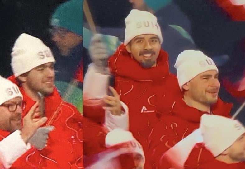 Nico Hischier, Jonas Siegenthaler & Timo Meier at the 2026 Olympic opening ceremony parade representing Switzerland