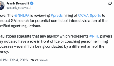 [Seravalli] The NHLPA is reviewing Preds hiring of CAA Sports
 to conduct GM search for potential conflict of interest violation of the certified agent regulations.