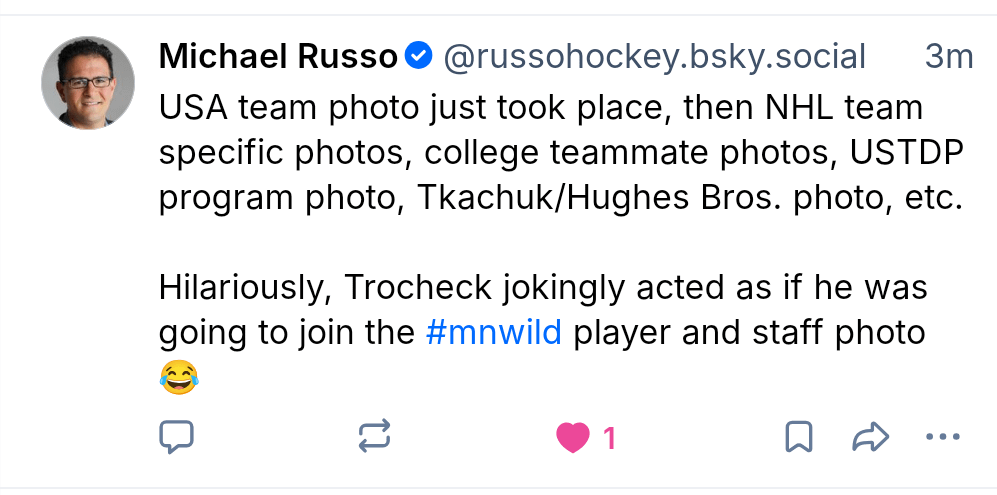 Wild were taking a team photo in Milan, and Trocheck started walking over (per Russo)