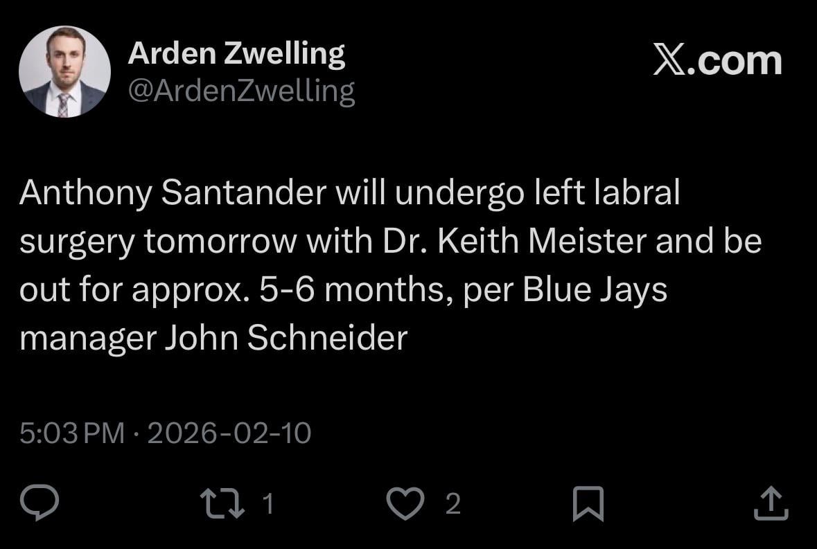 [Zwelling] Anthony Santander will undergo left labral surgery tomorrow with Dr. Keith Meister and be out for approx. 5-6 months, per Blue Jays manager John Schneider
