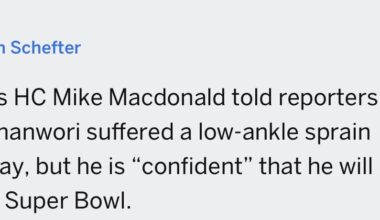 [Schefter] Seahawks HC Mike Macdonald told reporters that S Nick Emmanwori suffered a low-ankle sprain Wednesday, but he is “confident” that he will play in Sunday’s Super Bowl.