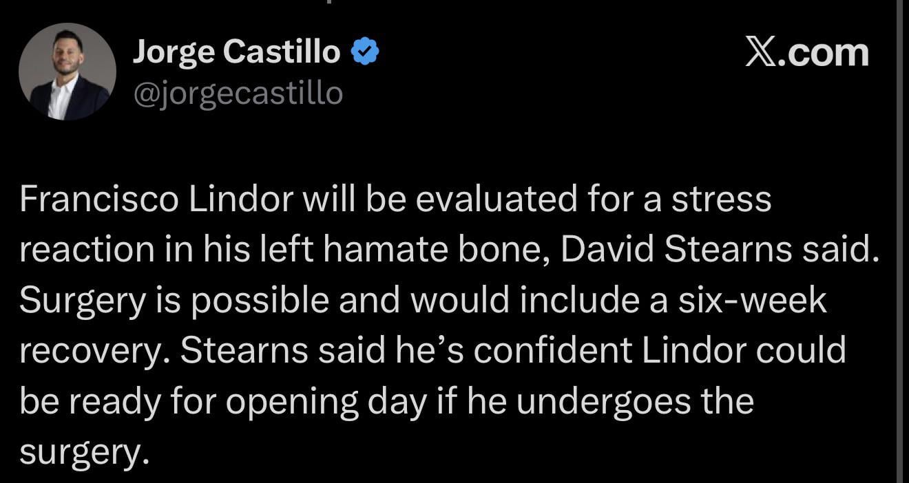 Lindor has stress reaction in his left hamate bone