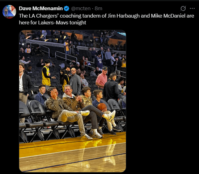 The LA Chargers’ coaching tandem of Jim Harbaugh and Mike McDaniel are here for Lakers-Mavs tonight