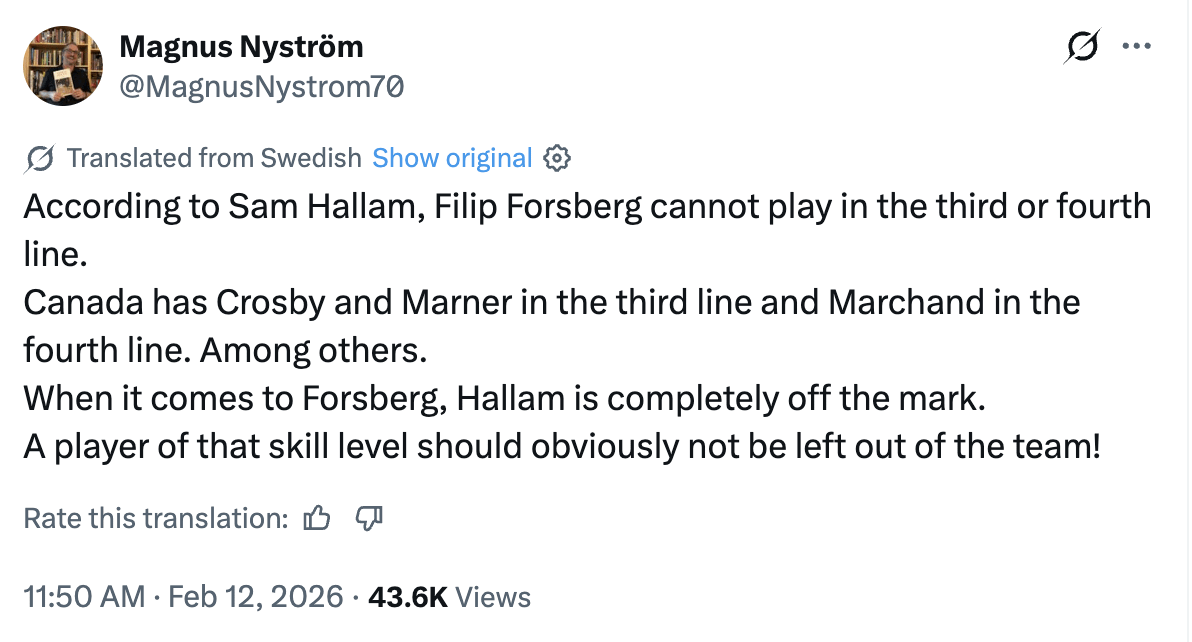 [Nyström] According to Sam Hallam, Filip Forsberg cannot play in the third or fourth line.