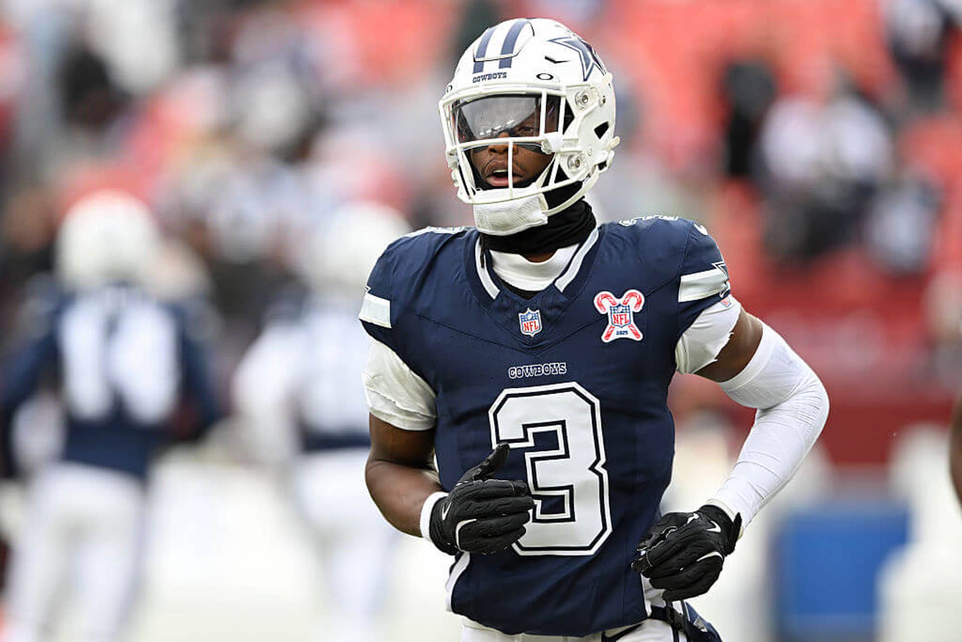 George Pickens of the Dallas Cowboys warms up prior to a game against the Washington Commanders at Northwest Stadium on Dec. 25, 2025.
