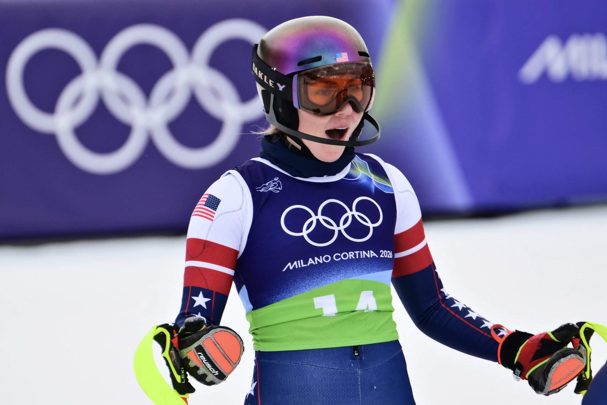 Mikaela Shiffrin reacts in the finish area after a disappointing slalom run. 