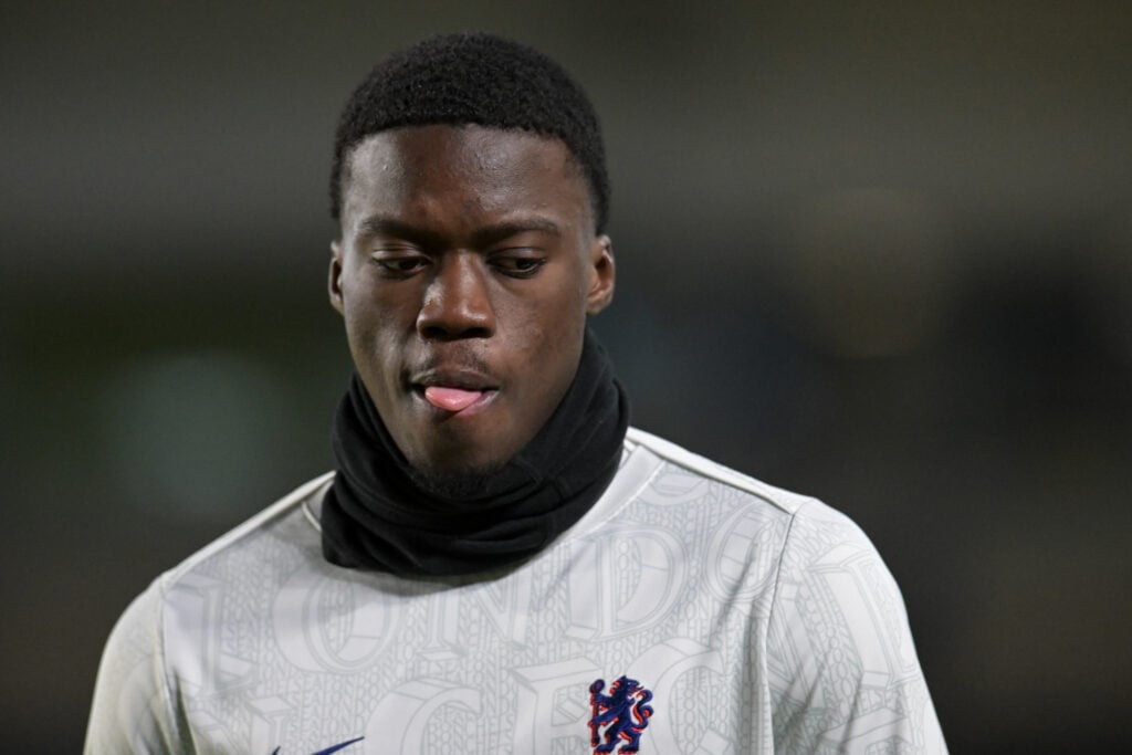 Mamadou Sarr in his Chelsea training top at Cobham as he begins to make an impression on the coaching staff.