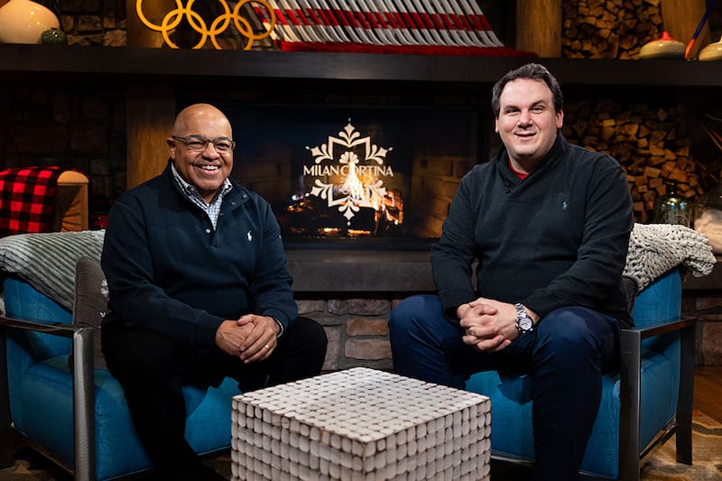NBC's Mike Tirico lauded the efforts from Ron Vaccaro (r) and his team in making the NBA-Super Bowl-Olympics journey happen.