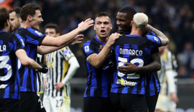 MILAN, ITALY - FEBRUARY 04: The players of FC Internazionale celebrate as Federico Gatti of Juventus scores an own-goal during the Serie A TIM match between FC Internazionale and Juventus - Serie A TIM at Stadio Giuseppe Meazza on February 04, 2024 in Milan, Italy. (Photo by Marco Luzzani/Getty Images)