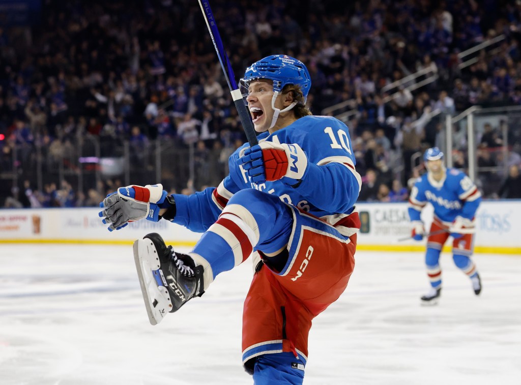 Rangers left wing Artemi Panarin reacts after he scores a goal against the Minnesota Wild in the first period at Madison Square Garden in New York, October 20, 2025. 