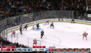 Larkin's 26th goal on the season (9th on the PP) spoils Vejmelka's shutout bid in the third